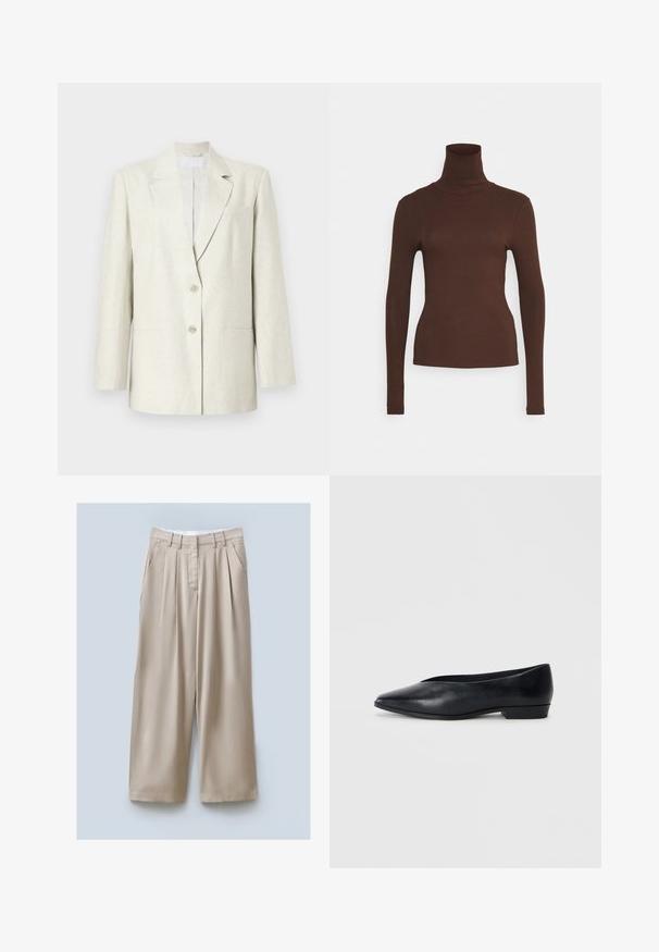 Krémový blazer s jedným gombíkom, klopovými chlopňami a dvomi prednými vreckami. Vyrobený z texturovanej látky so štruktúrovanými ramenami.; Pieces PCKITTE ROLLNECK - Top s dlhým rukávom - chicory coffee; Béžové široké nohavice s textúrovaným povrchom, obsahujúce dve bočné vrecká, predné puky a pás pre bezpečné nosenie.; Čierne kožené ploché topánky s ostrou špičkou, mierne vyvýšeným podpätkom a hladkým povrchom. Jednoduchý dizajn bez viditeľného hardvéru alebo vzorov.