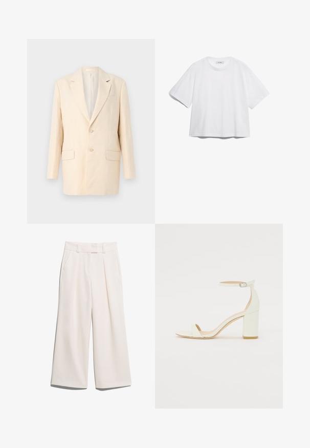 Blazer beige in lino con design a singolo petto, revers a conferenza, due tasche frontali, una tasca sul petto e due bottoni. Tessuto liscio, silhouette rilassata.; T-shirt bianco in cotone con maniche corte, scollo rotondo, vestibilità rilassata e senza motivi o grafiche visibili. Texture liscia e design semplice.; Pantaloni a gamba larga di un colore crema chiaro, realizzati in tessuto morbido con due tasche frontali e cuciture visibili sulla vita.; Sandal con tacco cubano bianco in pelle, caratterizzata da una cinghia alla caviglia con fibbia e design minimalista. Punta aperta e texture liscia in tutto il sandalo.