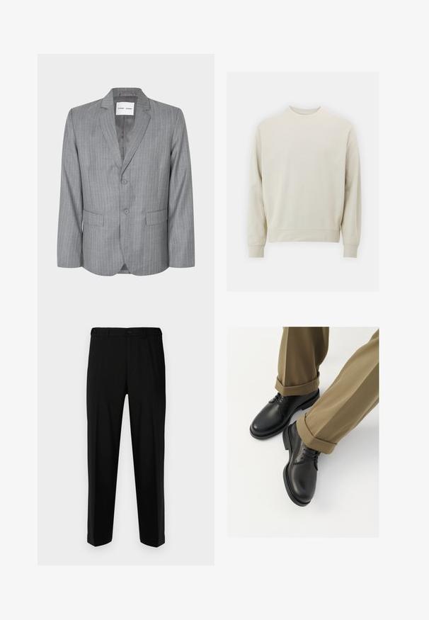 Siva blejzer s tankimi črtami in enojnim zapenjanjem, z dvema sprednjima žepoma in izrezanim ovratnikom. Gladko podložena notranjost, zapiranje na dva gumbi.; Svetlo bež sweatshirt iz mehkega blaga s krožnim izrezom, dolgimi rokavi ter rebrastimi manšetami in robom. Minimalističen dizajn, brez vidnih vzorcev.; Črne hlače iz gladkega materiala, s ravnim krojem, dvema sprednjima žepoma in zadrgo s gumbom.; Črne usnjene oblečne čevlje z gladko površino, z vezalkami in okroglo toe, v kombinaciji s spuščenimi kaki hlačami.