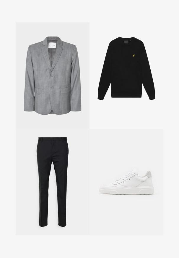 Grau gestreifter Blazer mit einem einreihigen Design, zwei vorderen Taschen und einem Reverskragen. Glattes Innenfutter, Zwei-Knopf-Verschluss.; Schwarzes Baumwoll-Sweatshirt mit langen Ärmeln und Rundhalsausschnitt. Mit einem kleinen gelben Adler-Logo auf der Brust. Weiche Textur.; Schwarze, taillierte Hose mit geradem Schnitt, aus glattem Stoff gefertigt. Verfügt über Gürtelschlaufen und eine Bügelfalte an der Vorderseite.; Weiße Leder-Sneaker mit glatter Oberfläche, rundem Zehenbereich, flachen Schnürsenkeln und strukturiertem Schuhsohlen. Graues Wildleder-Detail an der Ferse.