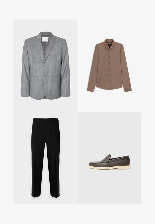 Grå kostymjacka med nålrandig design, enkelknäppt, två framfickor och slagkrage. Slätt foder inuti, tvåknapsstängning.; Brun långärmad skjorta med klassisk krage och knapplåsning framtill. Slät textur och subtil lyster; ärmarna är kantade med en ren finish.; Svarta byxor i slätt tyg, med rak skärning, två framfickor och dragkedja med knappstängning.; Bruna läder slip-on skor med en strukturerad yta och en kontrasterande ljusbeige sula, med en rundad tå och minimal stickningsdetaljer.