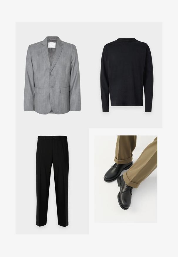 Sivi sako s prugastim uzorkom, jednim gumbom, dva prednja džepa i reverom. Glatka unutrašnjost, zatvaranje na dva dugmeta.; Crna košulja dugih rukava izrađena od mekanog materijala. Ima okrugli izrez i spuštena ramena. Glatka tekstura bez vidljivih uzoraka.; Crne hlače od glatkog materijala, s ravnim krojem, dva prednja džepa i zatvaračem na patentni zatvarač s gumbom.; Crne kožne cipele s glatkom površinom, s vezicama i zaobljenim vrhom, uparene s podignutim kaki hlačama.