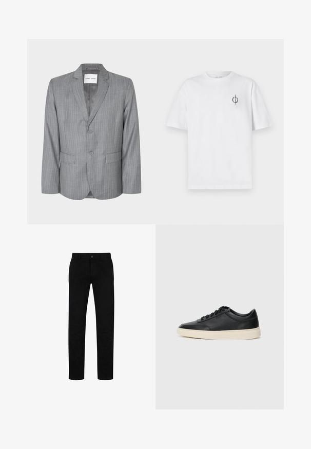 Grå slipsstribet blazer med en enkeltbrystet design, to frontlommer og en spidse krave. Glat indvendig foring, lukning med to knapper.; Hvid bomulds t-shirt med en afslappet pasform, der har et lille sort grafisk logo på venstre brystområde. Korte ærmer, rund halsstil.; Sorte bomuldsbukser med lige pasform, der har knaplukning, bæltestropper og minimalistisk design. Glat tekstur, ingen mønstre.; Sort lavt top lædersneaker med sorte snørebånd og off-white sål vist i sideprofil på hvid baggrund.