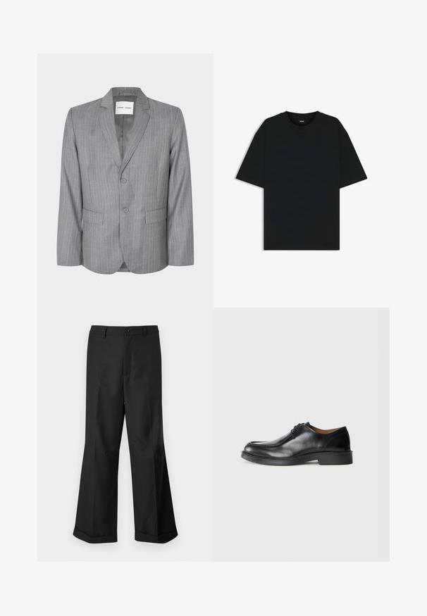 Blazer grigio a righe con design a un bottone, due tasche frontali e colletto a punta. Fodera interna liscia, chiusura a due bottoni.; Maglietta in cotone nera con scollatura rotonda e maniche corte. Presenta una vestibilità ampia e un design semplice senza motivi o dettagli.; Pantaloni neri a gamba larga con vita con bottoni e orli risvoltati, esposti su uno sfondo bianco uniforme.; Scarpa da uomo in pelle nera, con punta arrotondata, superficie liscia, dettagli in pizzo e suola in gomma bassa e texturizzata. Linee pulite e design minimale.