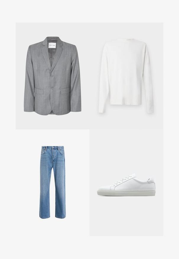 Grijze blazer met streepdessin, met een enkelvoudige knopening, twee voorkruiken en een gelapt kraag. Glad binnenvoering, sluiting met twee knopen.; Witte katoenen blouse met lange mouwen en een ronde halslijn, met zijsplitten aan de onderkant en een gladde textuur, vanuit de achterkant weergegeven.; Lichtblauwe denim jeans met een straight-leg ontwerp, vijf zakken, knoopsluiting, minimale vervaging en contrasterende stikseldetails.; Witte sneaker met een gladlederen bovenwerk en een laag profiel. Voorzien van een ronde neus, zes vetergaatjes en een gestructureerde rubberen zool.