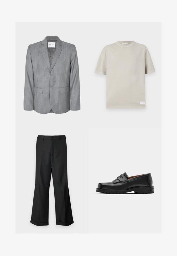 Blazer gris à rayures fines avec un design à boutonnage simple, deux poches avant et un col cranté. Doublure intérieure lisse, fermeture à deux boutons.; T-shirt beige clair à manches courtes en tissu doux, avec un col rond et une petite étiquette en bas à gauche.; Pantalons noirs à jambes larges avec taille boutonnée et ourlets retroussés, présentés sur un arrière-plan blanc uni.; Des mocassins en cuir noir présentent une couture surélevée, deux sangles décoratives sur le dessus et une semelle épaisse et texturée pour une meilleure adhérence.