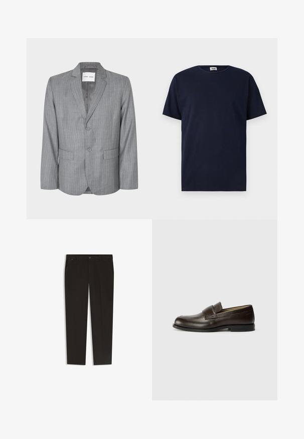 Grijze blazer met streepdessin, met een enkelvoudige knopening, twee voorkruiken en een gelapt kraag. Glad binnenvoering, sluiting met twee knopen.; Navyblauwe t-shirt met korte mouwen, gemaakt van katoen, met een ronde halslijn en een losse pasvorm zonder zichtbare patronen of accenten.; Zwarte broek met een rechte pijpdesign, gemaakt van een gladde stof. Voorzien van een knoopsluiting en vo pockets. Geen zichtbare patronen of accenten.; Calvin Klein Instappers - cocoa brown