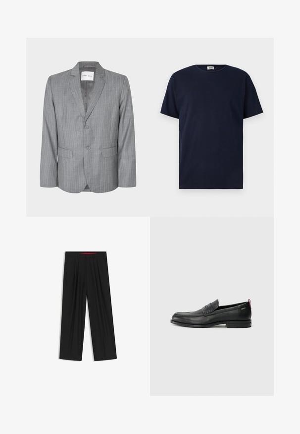 Grijze blazer met streepdessin, met een enkelvoudige knopening, twee voorkruiken en een gelapt kraag. Glad binnenvoering, sluiting met twee knopen.; Navyblauwe t-shirt met korte mouwen, gemaakt van katoen, met een ronde halslijn en een losse pasvorm zonder zichtbare patronen of accenten.; Zwarte wijde broek met een vlakke voorkant, twee zijzakken, geplooid ontwerp en een contrasterende rode binnenband.; Zwarte leren instappers met een textuur aan de voorkant en gladde zijden. Voorzien van een slanke hak en een lus aan de achterkant voor gemakkelijk aan- en uittrekken. Klassiek ontwerp.