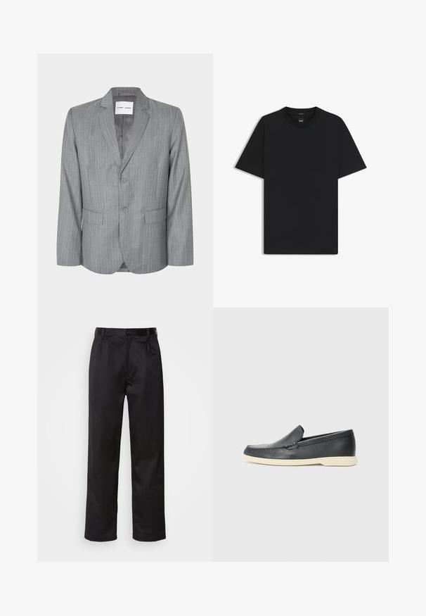 Grå slipsstribet blazer med en enkeltbrystet design, to frontlommer og en spidse krave. Glat indvendig foring, lukning med to knapper.; Sort kortærmet T-shirt lavet af en glat bomuldsblanding, med en rund halsudskæring og et minimalistisk design uden mønstre eller accenter.; Sorte bukser lavet af glat stof, med frontknaplukning, pressefolder og lige ben. Ingen synlige mønstre eller accenter.; Sorte læder slip-on loafers med en struktureret overflade og en kontrasterende beige gummisål. Har en subtil detalje langs forsiden.