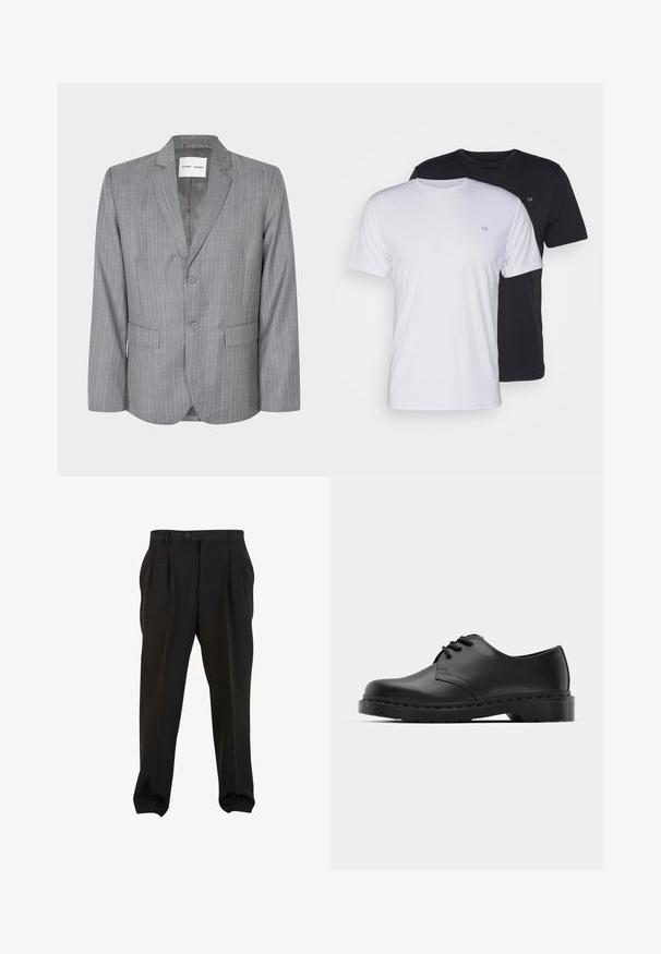 Grå slipsstribet blazer med en enkeltbrystet design, to frontlommer og en spidse krave. Glat indvendig foring, lukning med to knapper.; To bomulds t-shirts i hvid og sort, kortærmede med rund hals, med et lille logo på brystet, glat tekstur.; Sorte bukser med et glat stof, der har frontfolder, en knap i taljen og tapered ankler. Klassisk skræddersyet silhuet.; Sorte læder oxford-sko med snørebåndsdesign, rund tå, flad gummisål og subtil syning langs overdelen.