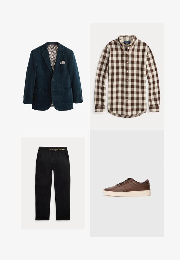 Blazer din corduroy albastru marin cu revere în formă de V, două buzunare frontale și căptușeală maro cu model. Include un batistă în buzunarul de la piept.; Cămașă cu mâneci lungi, cu nasturi, model în carouri maro și crem, guler cu nasturi și logo subtil brodat pe piept.; Pantaloni negri dintr-un material ușor, cu un talie elastică și o curea verde integrată, croi drept și buzunare laterale.; Adidași din piele maro, cu un finisaj neted, bot rotund și talpă din cauciuc crem. Prezintă sireturi negre și un branding subtil pe lateral.