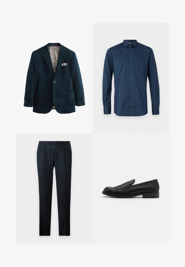 Tumesinine sametjakk, millel on lõhenenud krae, kaks esikotti ja mustriline pruun vooder. Rindtaskus on sokutatud tasku ruut.; Tumesinine pika varrukaga nööpidega särk, mis on valmistatud sileda kangaga. Omab standardset kraed, esistabiilset nööpide rida ja mansettidega varrukaid.; Mustad kohandatud püksid, mis on valmistatud siledast kangast, esitavad kitsast lõiget, kahte esist pleeti ja lamedat vöökohta ilma nähtava riistvarata.; Mustad mustad nahast loaferid siledast viimistlusest, ümmargune nina ja väike dekoratiivne klapp. Omab madalat kokkupandud kontsa ja diskreetset brändingut.