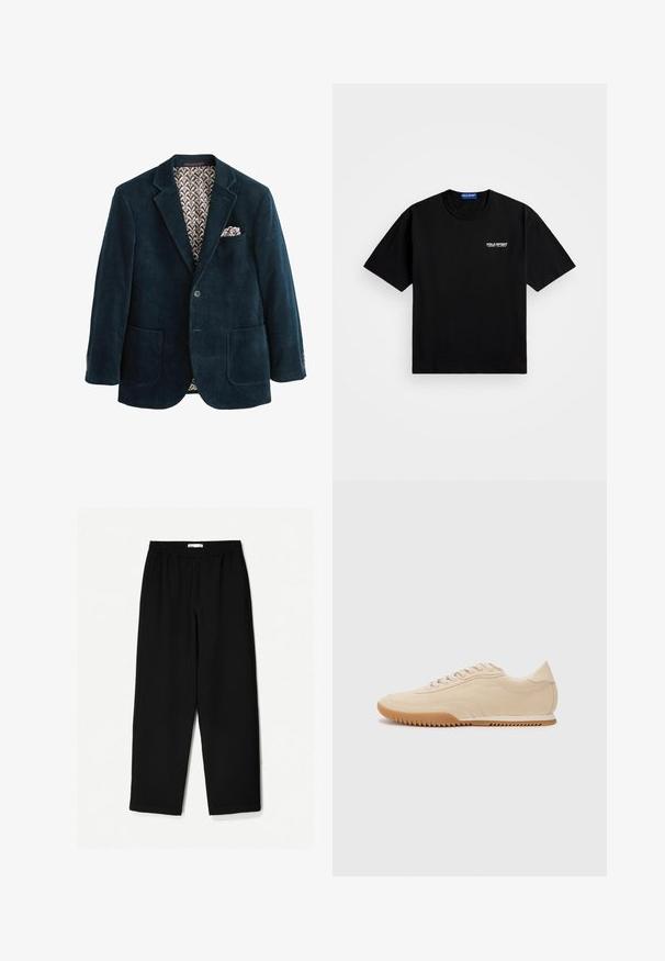 Blazer en velours côtelé bleu marine avec un col cranté, deux poches avant et une doublure brune à motifs. Comprend un pochette dans la poche de poitrine.; T-shirt en coton noir avec un col rond et des manches courtes. Présente le logo "POLO SPORT" sur la poitrine gauche en blanc. Coupe classique.; Pantalons noirs à jambe large en tissu léger. Dotés d'une taille élastique et d'une texture lisse. Aucun motif visible ni pièce métallique.; Baskets en daim beige au design épuré, présentant une tige texturée, un bout rond et une semelle en caoutchouc avec un motif en zigzag.