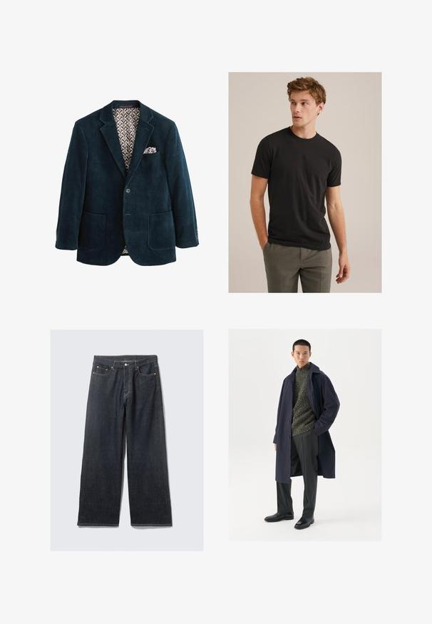 Laivastonsininen corduroy-bleiseri, jossa on lovettu kaulus, kaksi etutaskua ja kuvioitu ruskea vuori. Rintataskussa on taskuliina.; Nuori mies, jolla on vaaleanruskeat kiharat hiukset ja päällään musta lyhythihainen t-paita sekä harmaat housut, katsoo vasemmalle kädet taskuissa.; Tummat farkut leveällä lahkeella ja korkealla vyötäröllä, joissa on kontrastiväristä oranssia ommelta, viisi taskua ja edessä nappisulku.; Navy takki nappikiinnityksellä, vihreä teksturoitu neule, mustat housut ja mustat nahkasaappaat. Suora kangas ja selkeä muoto.