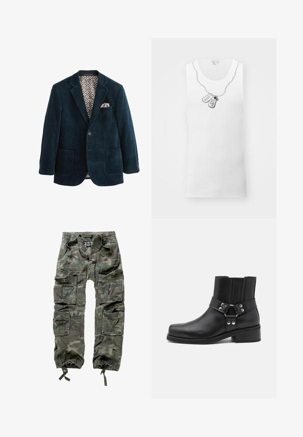 Blazer in velluto a coste blu navy con rever a punta, due tasche frontali e fodera marrone a fantasia. Presenta un fazzoletto nell tasca del petto.; Canotta bianca a coste con una grafica di catena argentata e due dog tag che riportano i testi: "ODIO" e "COMPASSIONE."; Pantaloni cargo mimetici in cotone, dotati di numerose tasche, polsini elasticizzati e una vestibilità ampia con vita regolabile tramite cordino.; The Kooples CHAUSSURES - Stivaletti texani / biker - black