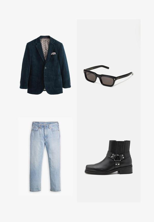 Jūras spēku kordrēna bleiseris ar izgrieztām apmalēm, divām priekšējām kabatām un rakstainu brūnu oderi. Iekļauts kabatas lakatiņš krūškabatas kabatā.; Balta ribota t-krekla augšdaļa ar sudraba ķēdes grafiku un divām suņu tagiem, kuros ir uzraksti: "NAIDŠ" un "LĪDZJUTĪBA".; Gaiši zili džinsi ar taisnu kāju dizainu, piecu kabatu stilu un kontrastējošu diegu. Pogas un rāvējslēdzēja aizdare jostasvietā.; The Kooples CHAUSSURES - Kovboju/motociklistu tipa puszābaki - black; Melnas taisnstūra formas saulesbrilles ar tumšiem stikliem, bieza plastmasas rāmja, zelta akcenti pie tempļiem un zīmola logo iegravēts roku daļā.