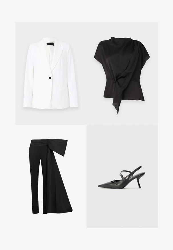 White tailored blazer made of smooth fabric, featuring a single black button, notch lapels, and two front pockets. Interior is lined.; Black blouse made of smooth fabric, featuring a draped design with a knotted detail at the waist and short sleeves.; Black trousers with a wide, draped sash detail at the waist. Smooth fabric, straight leg cut, and pleated waistband.; Black leather slingback heels with a pointed toe, slender heel, and decorative buckle detail on the vamp. Smooth texture and sleek design.