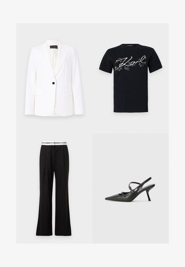 Witte getailleerde blazer van soepel materiaal, met een enkele zwarte knoop, notch-revers en twee voorkeurszakken. Binnenvoering is gevoerd.; Zwarte katoenen T-shirt met een bedrukte witte handtekening van "Karl" met bloemaccenten. Korte mouwen en een standaard ronde hals.; Zwarte broek met een ontspannen pasvorm, voorzien van een witte elastische tailleband met branding. Gemaakt van een gladde stof met een subtiele glans.; Zwarte leren slingback hakken met een spitse neus, slanke hak en decoratieve gespdetails op de bovenkant. Gladde textuur en een strakke uitstraling.