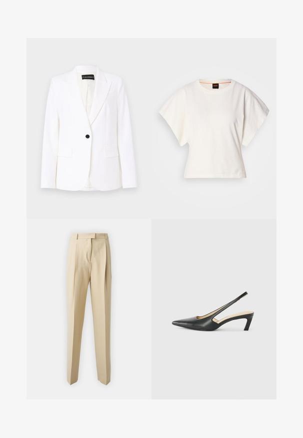 Bela tailoring suknja iz gladkega materiala, z enim črnim gumbom, notčnimi ovratniki in dvema sprednjima žepoma. Notranjost je podložena.; Bela skrajšana majica s kratkimi širokimi rokavi, mehka bombažna tkanina, okrogla ovratnica z diskretnim oranžnim robom, minimalističen dizajn, brez vzorcev ali grafike.; Bež hlače s krojem ravne nogavice, ki imajo zadrgo, pas ter gladko teksturo. Brez vidnih žepov ali okrasnih elementov.; Črne čevlje s koničastimi nosovi in slingback obliko z nizko peto, izdelane iz gladke usnjene materiale ter s črtasto zasnovo na strani za prezračevanje.
