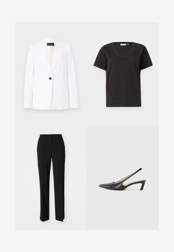 Fényes anyagból készült fehér zakó, egyetlen fekete gombbal, hajtókás gallérral és két elülső zsebbel. Belseje bélelt.; Fekete pamut póló V-nyakkal és rövid ujjakkal. Egyszerű dizájn, normál fazon, minta vagy díszítés nélkül.; Fekete, testhezálló nadrág egyenes szárú kivitelben, sima textúrával és éles redőkkel az elején. Nincs látható fémalkatrész.; Fekete, hegyes orrú, slingback cipő alacsony sarkával, sima bőrből készült, oldalt kivágott deisgnal a légáteresztőképesség érdekében.