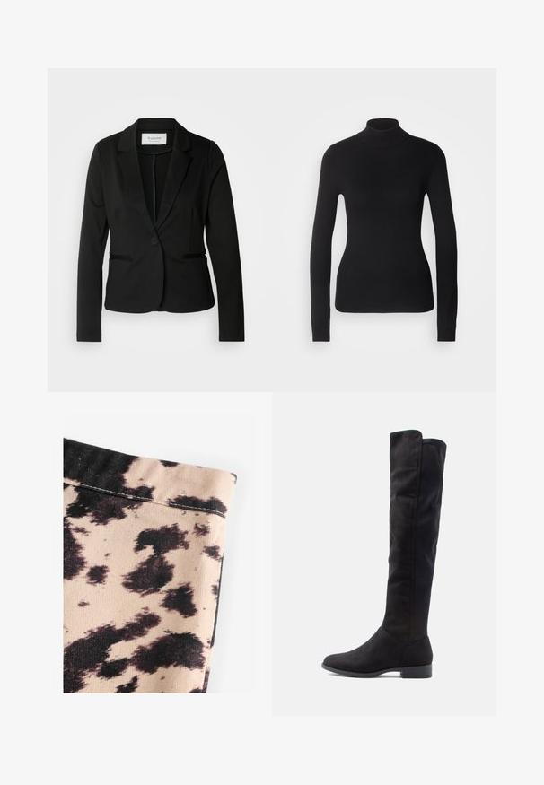 Crni sako s klasičnim reverom, zatvaranjem na jedan gumb i dva prednja džepa. Izrađen od glatkog materijala s prilagođenim krojem.; Crni pulover s visokim ovratnikom izrađen od laganog pletenog materijala. Ima duge rukave, prilagođen dizajn i mekan rebrasti uzorak.; Bežna tkanina s uzorkom krave u crnoj boji, sa rebrastom teksturom i jednostavnim detaljima šavova. Bez vidljive opreme ili naglasaka.; Čizme do koljena od crnog suštastva s glatkom teksturom, zaobljenim vrhom i niskim blok petom; minimalistički dizajn bez vidljivih hardverskih elemenata.