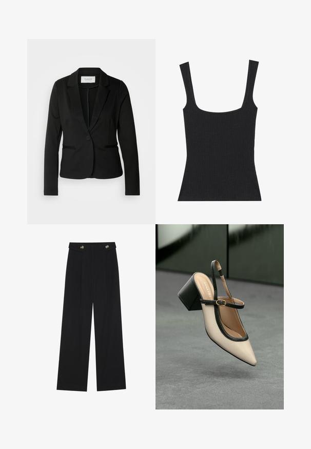 Sacou negru cu rever clasic, închidere cu un singur buton și două buzunare frontale. Fabricat dintr-un material neted cu o croială ajustată.; Top de rezervor negru cu nervuri, cu decolteu pătrat și bretele subțiri, ajustabile. Materialul are un model texturat și un design ajustat.; Pantaloni negri cu picioare largi, talie înaltă, detalii cu butoane pe talie și pliseuri în față.; Pantof divers în nuanță bej, cu vârf ascuțit, curea de susținere în spate, cu margine neagră, cataramă aurie și toc gros pe un podea gri, cu un fundal verde închis.