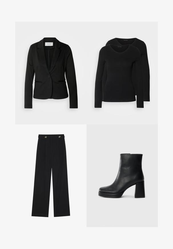 Black blazer with a classic lapel, single button closure, and two front pockets. Made from a smooth fabric with a tailored fit.; Two black long-sleeve shirts with a V-neck design, made of soft, stretchy fabric, showing smooth texture and a fitted shape.; Black wide-leg trousers with high waist, button details on waistband, and front pleats.; Black leather ankle boot with a block heel and platform sole, viewed from the side on a plain white background.
