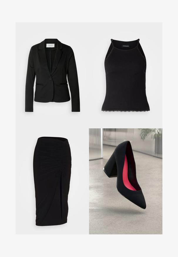 Svart blazer med klassisk revers, en knapp lukking og to frontlommer. Laget av et glatt stoff med en skreddersydd passform.; Svart ribbet tanktopp med scallop lace detaljer i kanten. Har tynne stropper og en kroppsnær design. Laget av elastisk stoff.; Svart, rynket blyantskjørt med knyting og sidelits. Laget av et elastisk stoff, med en glatt tekstur og en kroppsnær passform.; Svart sko med høye hæler, spiss tå og strukturert overdel. Innvendig har den en lys rosa fôring. Kvadratisk hæl med metallisk aksent ved basen.
