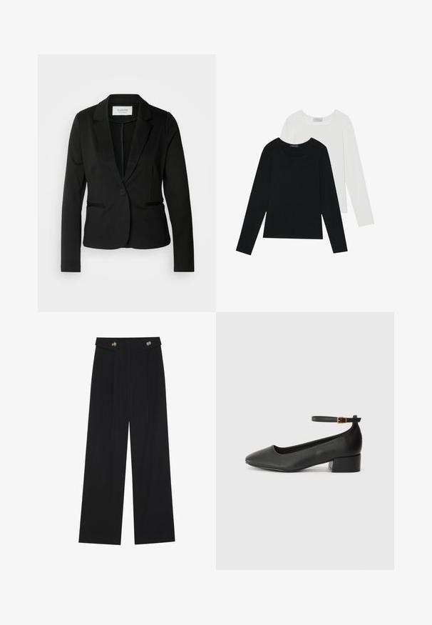 Fekete blézer klasszikus hajtókával, eg gombos zárással és két elülső zsebbel. Simább anyagból készült, testhezálló fazonnal.; Két hosszú ujjú felső, az egyik fekete, a másik fehér, mindkettő négyzet alakú nyakkivágással rendelkezik, és puha, rugalmas anyagból készült.; Fekete, bő szárú nadrág magas derékkal, gombos részletekkel a derékrészen és elülső pliszékkal.; Fekete bőr magassarkú cipő hegyes orral és alacsony tömb sarkal. Bokapánttal rendelkezik, aranyszínű csattal. Simább textúra.