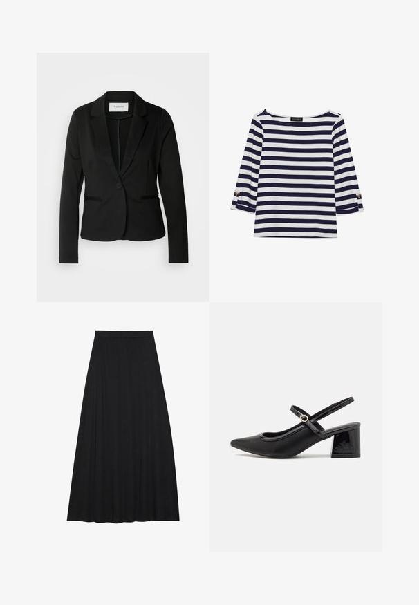 Zwarte blazer met een klassiek revers, sluiting met één knoop en twee voorzakken. Gemaakt van een soepel materiaal met een getailleerde pasvorm.; Marineblauw en witte gestreepte longsleeve top met een bootnek en gouden knoopaccenten op de opgerolde mouwen. Zachte stof, relaxte pasvorm.; Zwarte maxi rok van zacht, vloeiend materiaal. Het heeft een elastische taille en een volle, A-lijn silhouet met een soepele textuur.; Zwarte gepolijste leren slingback hakken met een spitse neus, een ronde uitsnede en een blokhak. Voorzien van een gouden gespaccent.
