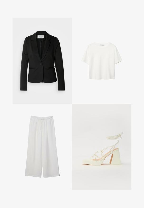 Čierny blazer s klasickým klopom, jedným gombíkom a dvoma prednými vreckami. Vyrobený z hladkej látky s upraveným strihom.; Biela krátkopsová tričko vyrobené z bavlny. Má okrúhly výstrih a voľný strih. Hladká textúra bez viditeľných vzorov alebo akcentov.; Biele široké nohavice z ľahkého materiálu s elastickým pásom a šnúrkou na nastavenie veľkosti. Hladká textúra.; Biele sandále na vysokom opätku s hrubým podpätkom, s pruhovaným dizajnom a viazaním na členku. Hladký povrch s platformou vpredu pre zvýšenú výšku.