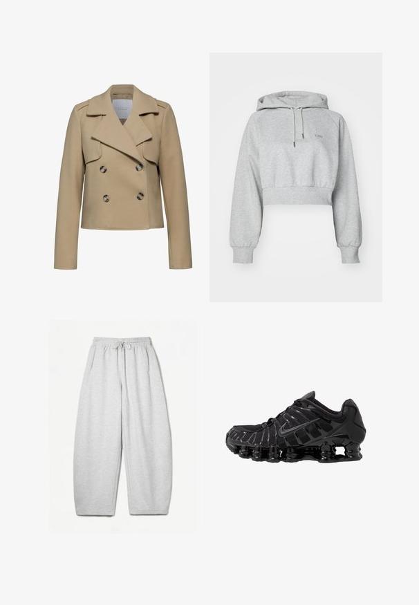 Beżowa wełniana marynarka dwurzędowa z klapami, długimi rękawami i dwoma dużymi guzikami. Posiada przednie kieszenie z klapami i dopasowany krój.; Szara, krótkotrwała bluza z kapturem, wykonana z miękkiego materiału, z przednią kieszenią, kapturem na sznurku i ściągaczami na rękawach. Dyskretne logo na klatce piersiowej.; Jasnoszare dresy o luźnym kroju, z elastycznym pasem, sznurkiem i bocznymi kieszeniami; wykonane z miękkiego, teksturowanego materiału.; Czarne buty sportowe z siateczkową cholewką i połyskującymi detalami. Posiadają wyprofilowane poduszki pod nogami i teksturowane linie po boku. Widoczna logo Nike.