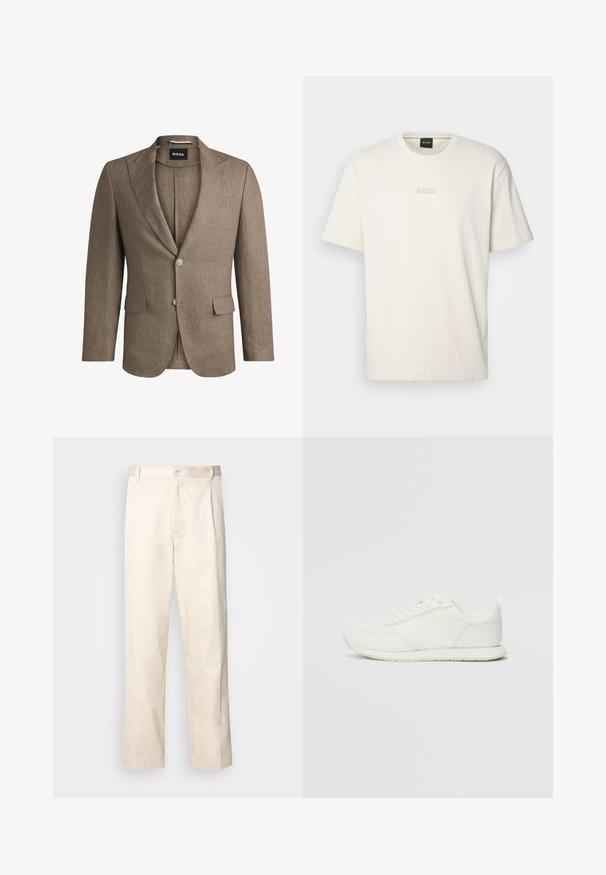 Rudas švarkas pagamintas iš tekstūruotos medžiagos, su išpjautu apykakle, dviem priekinėmis kišenėmis ir vieno mygtuko uždarymu. Du mygtukai ant rankovių.; BOSS TEE - Paprasti marškinėliai - open white; Bežinės medvilninės kelnės su tiesiu kirpimu, turinčios mygtuko uždarymą ir priekyje raukšles papildomai dekoratyviam akcentui.; Balti sportbačiai su tinkline ir sintetine viršutine dalimi, apvaliu nosiu, plokščiomis raištelėmis ir tekstūruota šonine juosta. Guma, kurios padas su vilkimo kilpute gale.