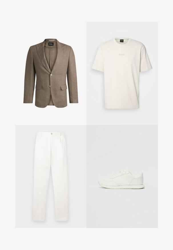 Pruun bleiser tekstureeritud kangast, millel on lõigatud kaelus, kaks eesmist taskut ja ühekordne nööp. Kätel kaks nööpi.; BOSS TEE - Lihtne T-särk - open white; Valged püksid, mis on valmistatud siledast kangast, sirge jala disainiga, ees olevate voldidega ja ühekordse nupuga vöökohtadel.; Valged tennisesid, millel on võrgust ja sünteetilisest materjalist ülemine osa, ümar varvas, lamedad paelad ja tekstureeritud külgmine triip. Kummist tallaosa, tagaküljel tõmbetab.