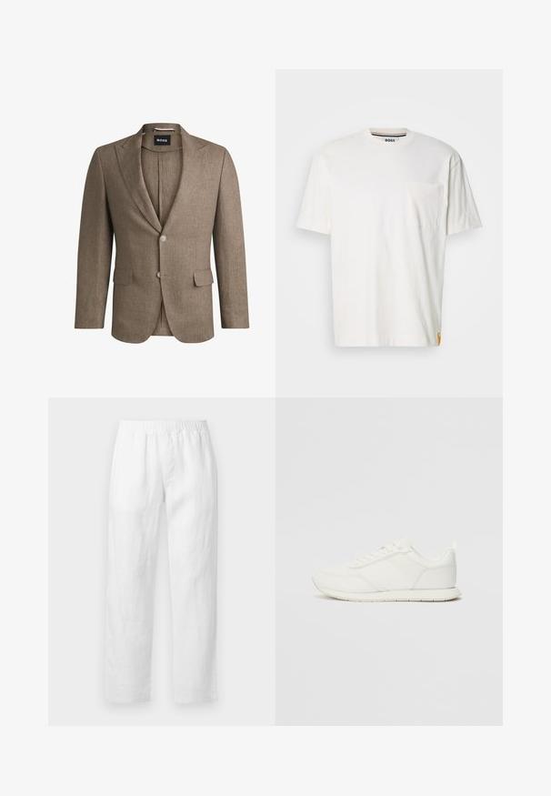 Brun blazer i texturerat tyg, med slagkrage, två framfickor och en enkelknappsstängning. Två knappar på ärmarna.; Vit bomullströja med rund hals, korta ärmar och en bröstficka på vänster sida. Har en liten logotagg på sömmen.; Vita linnebyxor med resårmidja, rak passform och mjuk textur utan synliga mönster eller detaljer i metall.; Vita sneakers med ett överdel i mesh och syntetmaterial, rund tå, platta snörning, och ett texturerat sidostreck. Gummisula med en dragflik bak.