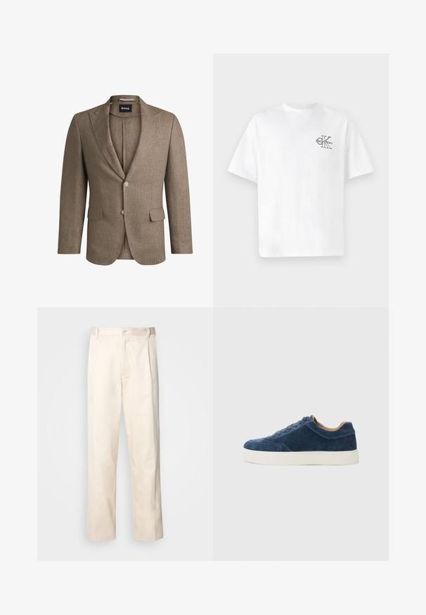 Rjav bleizer iz teksturirane tkanine, z izrezanim reverjem, dvema sprednjima žepoma in zapiranjem na en gumb. Dva gumba na manšetah.; Bela bombažna majica s kratkimi rokavi, krožnim izrezom, s črnim CK logotipom na levi strani prsnega dela, standardne velikosti, gladke teksture.; Bež cottone hlače s ravnim krojem, ki imajo gumbasto zapiranje in nabore spredaj za dodatne detajle.; Modri semiš športni copati z belim gumijastim podplatom, zavezovanjem, okroglo konico in kontrastno rjav notranjostjo. Diskretni detajli šivov.