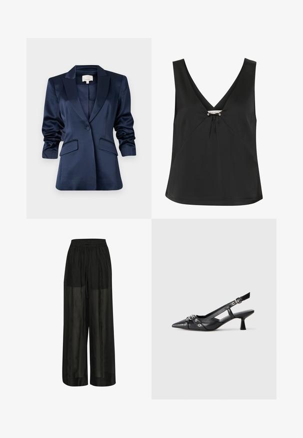 Laivastonsininen satiinijakki, jossa on muotoiltu kaulus, yksi nappi, kaksi etutaskua ja hieman gathered-hihat. Sujuva pinta ja muotistettu istuvuus.; Musta hihaton toppi V-pinnalla, jossa on koristeellinen solmu ja hopeanväriset korostukset keskellä, valmistettu sileästä ja elegantista kankaasta.; Mustat leveälahkeiset housut, jotka on valmistettu läpinäkyvästä kankaasta. Housuissa on joustava vyötärö, jossa on kiristysnauha säädettävää istuvuutta varten, ja ne tuntuvat sileiltä.; Mustat nahkakengät, joissa on avonainen takaosa ja kärjessä terävä muoto, koristevyöt, joissa on metalliset reiät, sekä matala lohkoepohja. Teksturoitu pinta.