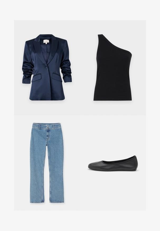 Námornícky saténový blazer so štruktúrovaným klopom, jedným gombíkom, dvoma prednými vreckami a mierne naškrobenými rukávmi. Hladká textúra a tailored fit.; Čierny rebrovaný top na jedno rameno s priliehavým strihom a jemnou textúrou. Obsahuje čistý, minimalistický strih a hladký výstrih.; Svetlo modré džínsy s rovnými nohavicami, zapínanie na gombík a zips, pútka na opasok a klasické stehy na bielom pozadí.; Čierne kožené baleríny s okrúhlou špičkou, hladkým povrchom, minimálnym prešívaním a flexibilným dizajnom podrážky.
