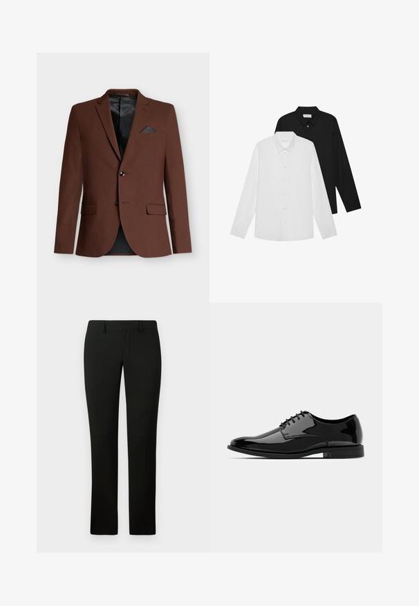 Rjav blazer z oblikovanim krojem, dvema sprednjima žepoma, enim žepom na prsih z temnim naglasom in črno mrežasto oblogo v notranjosti.; Bela in črna dolga majica z dolgimi rokavi, s koničastimi ovratniki, sprednjimi gumbi in gladko teksturo tkanine. Oznake vidne na notranji strani vratu.; Črne hlače z prilegajočim se krojem, ki imajo gladko teksturo in raven kroj. Pas ima zanke za pas in čist zaključek.; Črne lakirane usnjene čevlje z zaobljenim nosom, vezanjem in gladko, sijočo površino. Imajo nizko profilirano gumijasto podplat.