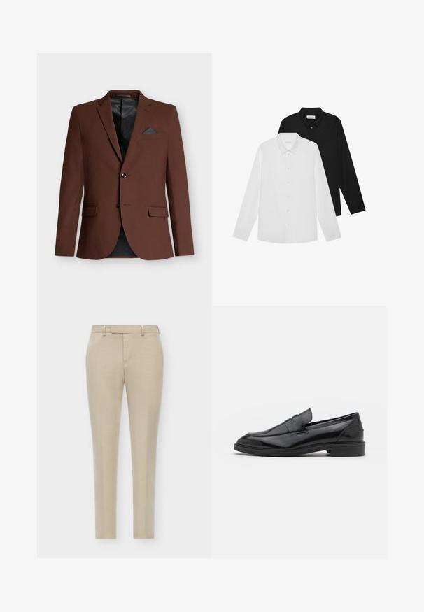 Pruuni bleiser, mis on kohandatud sobitama, kahe eesmise taskuga, üherealise rinnataskuga tumeda aksendiga ja musta võrguga voodriga seestpoolt.; Valged ja mustad pika varrukaga särgid teravate kraede, esipainutuste ja siledast kangast tekstuuriga. Sildid on nähtavad sisekrae peal.; Beige kohandatud püksid kitsas lõikes, millel on lame esiplaan, diskreetsed küljetaskud ja sile, tekstuuriga kangas.; Mustad nahast loafers, millel on sile viimistlus, ümar varvas ja kitsas riba peal. Madal kühveldatud konts.