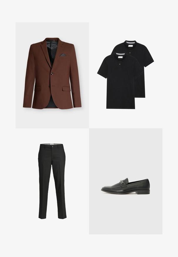 Brun blazer med en skræddersyet pasform, to frontlommer, en enkelt brystlomme med en mørk accent og et sort mesh-for.; To sorte polo T-shirts, kortærmede, lavet af bomuldsstof, med en klassisk krave, to-knaps placket og hvide stribede detaljer indeni kraven.; Sorte bukser, skræddersyet pasform, glat stof, mellemhøj talje, frontknaplukning, skrå lommer og pressefoldsdetaljer ned ad benene.; Sorte læder loafers med en glat finish, der har et syet design og et dekorativt metal kædeaccent hen over vamps. Flad hæl.