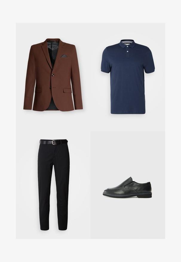 Brun blazer med en skræddersyet pasform, to frontlommer, en enkelt brystlomme med en mørk accent og et sort mesh-for.; Marineblå polo-shirt lavet af blød bomuld, med kravehals, to-knap placket og korte ærmer. Stribet inderside af kraven.; Sorte bukser med lige snit, der har en glat tekstur og et sort læderbælte med en sølvspænde. Enkel design, ingen mønstre eller accenter.; Sorte læder slip-on sko med en glat overdel, syede detaljer, rund tå og en lav gummihæl. Sålen har minimal profil.