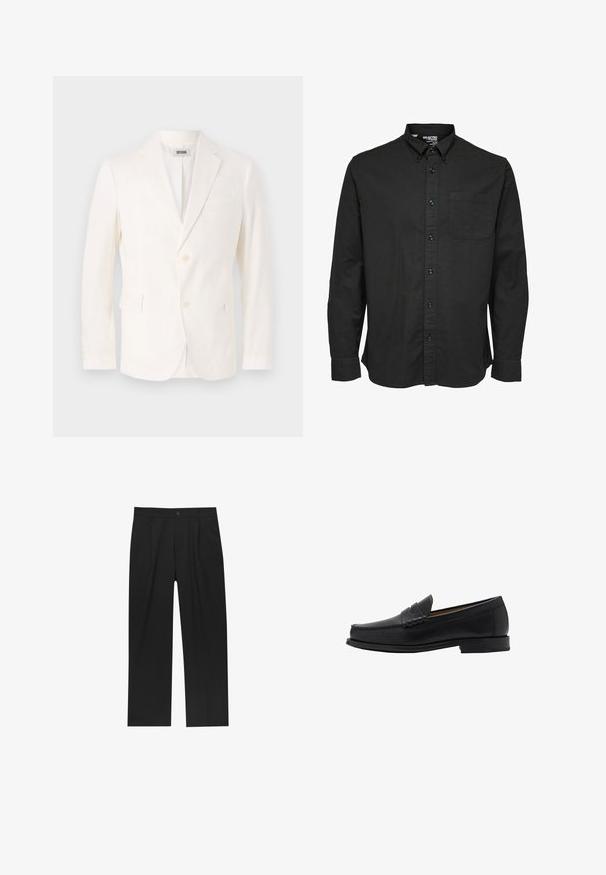 Weißer leichter Blazer mit einreihigem Design, Reverskragen, zwei vorderen Taschen und Drei-Knopf-Verschluss. Weiche Textur, modernes Fit.; Schwarzes Langarm-Hemd aus Baumwollstoff mit Standardkragen, Fronttasche und passenden schwarzen Knöpfen.; Schwarze Hose mit geradem Schnitt, aus einem glatten Stoff gefertigt. Verfügt über Vorderfalten und einen einzelnen Knopfverschluss an der Taille.; Mango Business-Slipper - black