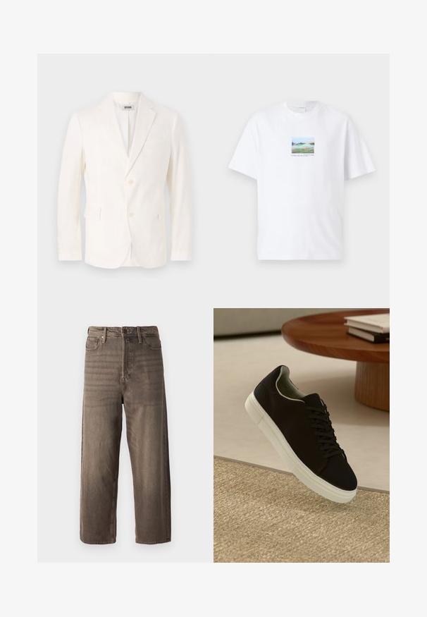 Hvid letvægts blazer med enkeltknap-designet, klapkraver, to frontlommer og tre-knaps lukning. Blød tekstur, moderne pasform.; Hvid bomulds t-shirt med et farverigt landskabsgrafik på forsiden, firkantet design, korte ærmer og rund hals.; Brune vide ben jeans lavet af denim. Har en lynlås, bæltesløjfer og fem lommer. Stoffet har et falmet, tekstureret udseende.; Sort sneaker med hvid sål svævende over en beige tekstureret tæppe nær et rundt trætabel med stablede bøger.