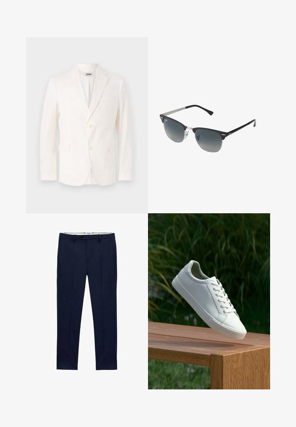 Vit lättviktsblazer med enkelknäppt design, slagkragar, två frontfickor och stängning med tre knappar. Mjuk textur, modern passform.; Vita kortärmade t-shirts staplade, gjorda av bomull. Har en rund hals och rak skärning. Tyget verkar slätt utan mönster.; Mörkblå byxor med slim fit och ränder. Har dragkedja, bälteshällor och framfickor. Slät tygliknande struktur.; Vit snörad sneaker svävande ovanför en träbänk med gröna växter i bakgrunden, som visar skodesign och textur.; Svarta och silverfärgade solglasögon med kattögaform, gradientlinser och metalliska detaljer på ramen. Plastbågar med gråa tippar.