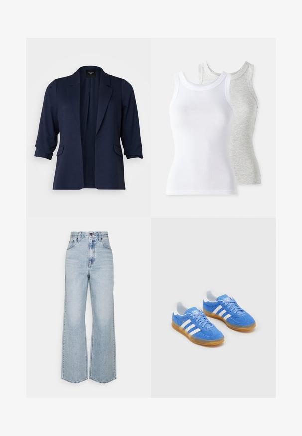 Marineblazer laget av teksturert stoff, med trekvart ermer, klaffelapper og to frontlommer. Åpen frontdesign.; To skjortetopper uten ermer: en hvit med ribbestruktur og en lys grå med subtil heather-mønster. Begge har rund hals.; Lys blå denim vide ben jeans med høy liv, klassisk fem-lomme design og kontrasterende sømmer. Uferdig kant nederst.; Blå mockaskinn sportssko med hvite striper, gummisåle og polstret krage for komfort. Har klassisk snøring.