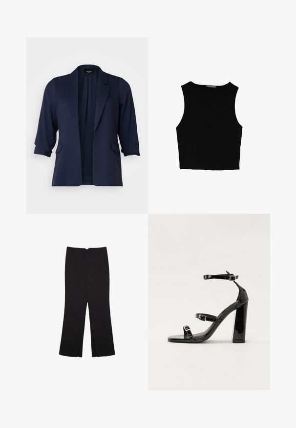 Blazer marine en tissu texturé, avec des manches trois-quarts, des revers crantés et deux poches avant. Design à l'avant ouvert.; Top court sans manches noir en tissu lisse, avec un col rond et un design épuré, simple, sans motifs ni accessoires.; Pantalon noir avec une coupe droite, doté de poches avant et d'éclairs sur l'ourlet. Fabriqué en tissu doux et lisse. Convient à diverses occasions.; Sandales à talons vernies noires avec un bout carré, des sangles autour de la cheville et des boucles en argent. Dotées d'un talon bloc épais pour plus de stabilité.