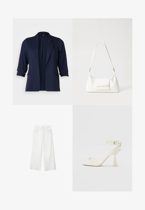 Mornarska blejzerica iz teksturiranega blaga, s tremi četrtinami rokavov, izrezom v obliki črke V in dvema sprednjima žepoma. Zasnova z odprtim sprednjim delom.; Črne in bele majice, okrogli vrat, kratki rokavi. Črna majica ima richelieu vezenje sonca v rumeni barvi; bela ima vijolični naglavni mesec.; Bela široka hlače iz mehkega materiala, z vrvico v pasu in dvema sprednjima žepoma. Gladek texture in brez vidnih vzorcev.; Sandal z visoko peto z naramnicami v beli usnjeni izvedbi s popolnim dizajnom, prozorno blok peto in dekorativnim elementom na prstih.; Bela sintetična torbica v obliki trikotnika, z ravnim sprednjim poklopcem in detajlom mašne, nastavljivim trakom, gladko teksturo in minimalističnim dizajnom.