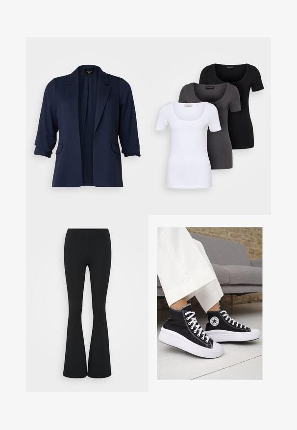Marineblazer lavet af tekstureret stof, med trekvartærmer, notchklapkrave og to frontlommer. Åben frontdesign.; Tre tætsiddende T-shirts i hvid, grå og sort. Hver af dem har en bred scoop-udskæring og korte ærmer. Fremstillet af glat, strækbart stof.; Sorte flagrende bukser lavet af strækbart stof, med en høj talje og en glat tekstur. Bukserne flared fra knæet.; Sorte høj-top sneakers i lærred med hvide gummisåler og snørebånd. Har et rundt logo på siden og kontrasterende hvide syninger.