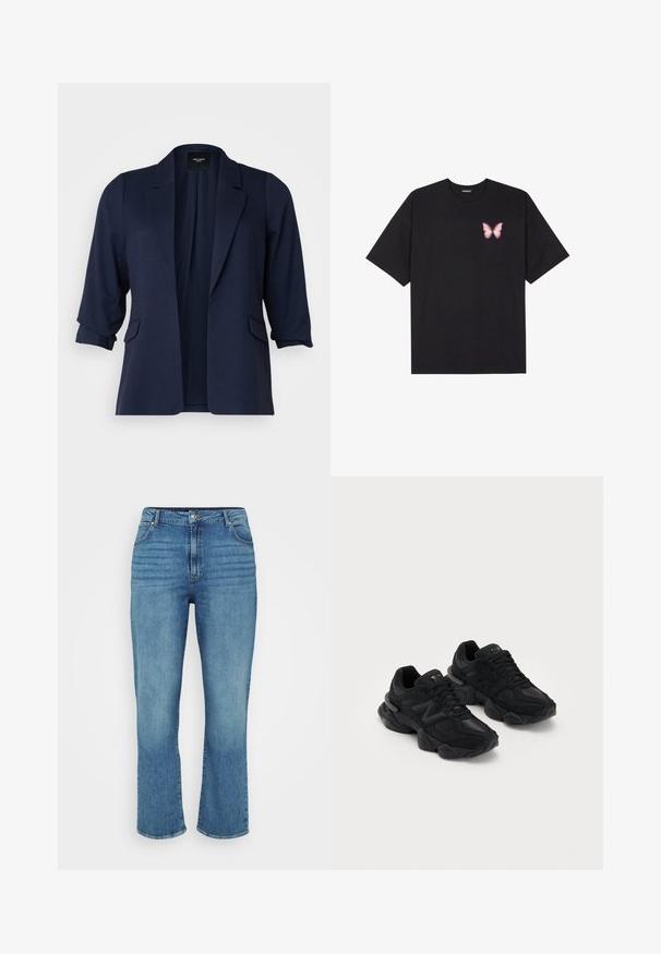 Merimiespuku, joka on valmistettu teksturoidusta kankaasta, jossa on kolmanneksen pituinen hiha, kauluskäänteet ja kaksi etutaskua. Avoin etu.; Musta puuvillapaita lyhyillä hihoilla, jossa on pieni vaaleanpunainen perhosgrafiikka vasemmassa rinnassa. Pyöreä kaula-aukko ja rento istuvuus.; Vaaleansiniset farkut suoranlahkeisella designilla, joissa on viisi taskua, vyölenkit ja hillitty kuluminen edessä.; Mustat urheilukengät, joissa on teksturoitu päällinen, näyttävä "N"-logo, pehmustettu pohja ja tyylikäs, nykyaikainen siluetti.